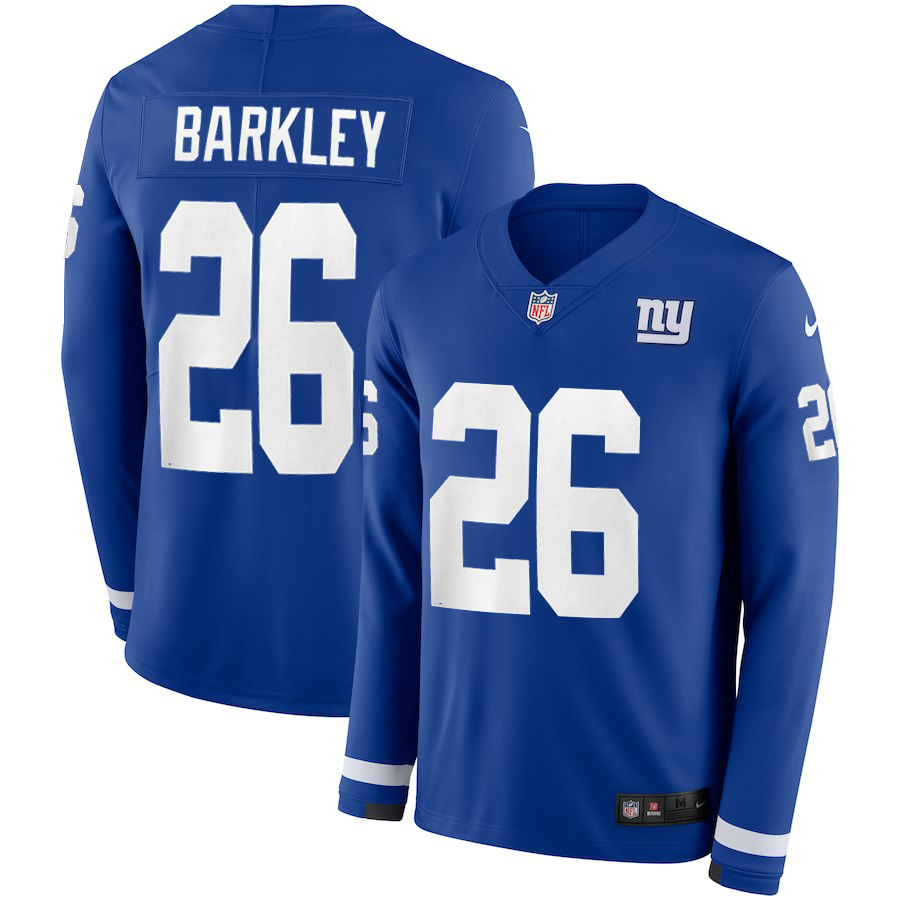 Men New York Giants #26 Barkley blue Limited NFL Nike Therma Long Sleeve Jersey